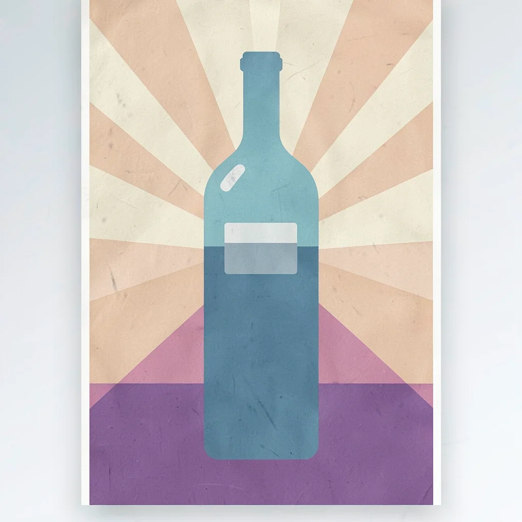 Vertical colour-block poster of a tall bottle silhouette over a sunburst