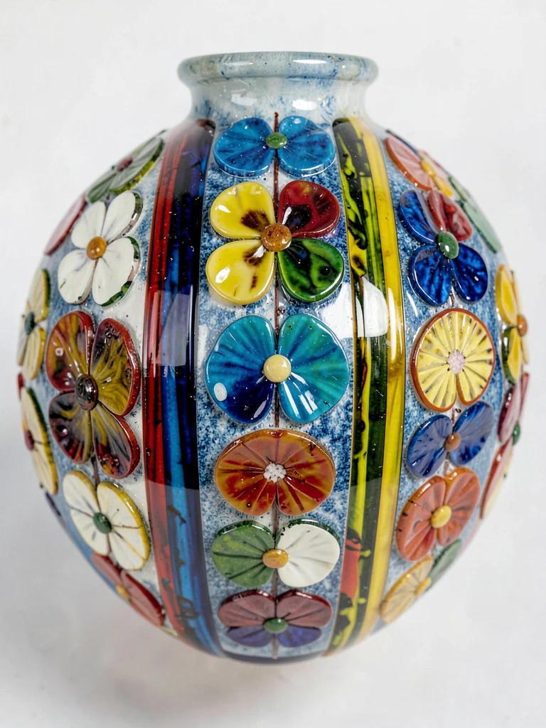 Millefiori vase detail — vessel surface with flower canes in vertical band arran