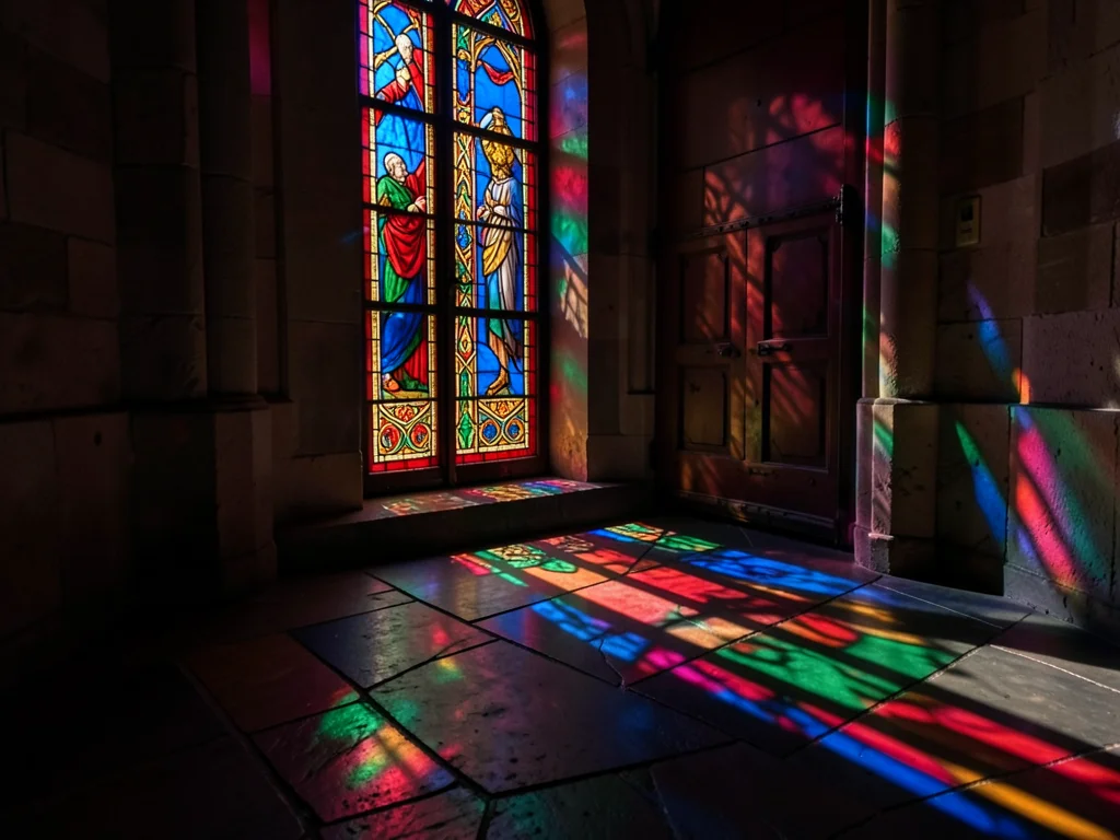 The shadow and light pattern of a stained glass door onto a hallway floor, the g