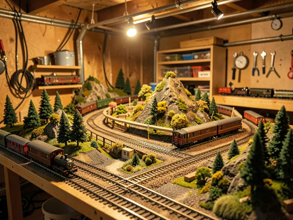 HO scale train layout table filling a basement, multiple levels of track, tiny m