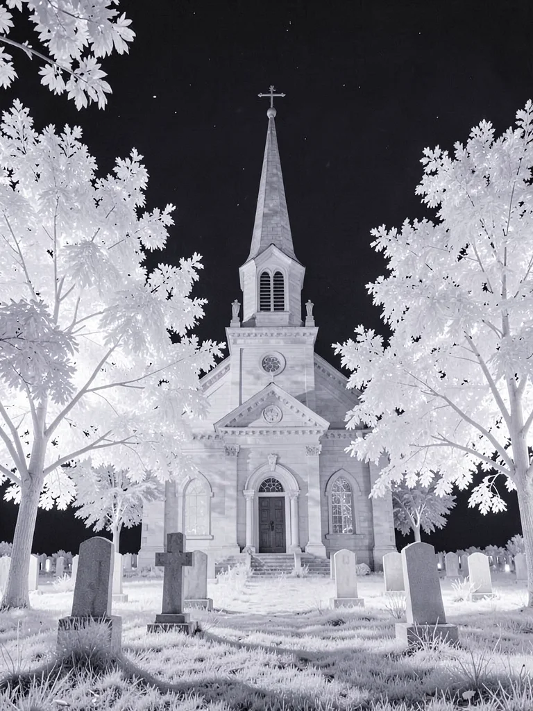A country church surrounded by glowing white cemetery trees, stone pale and lumi