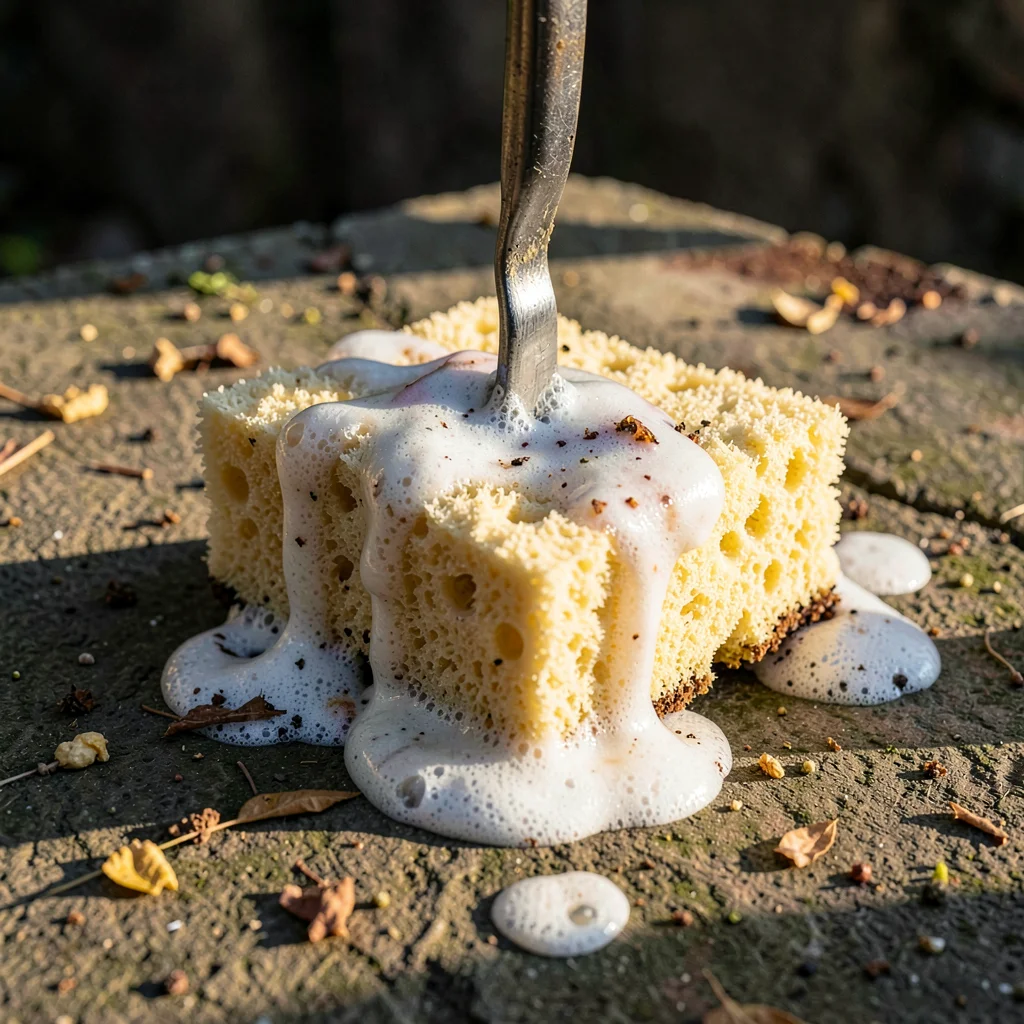 Dirty dish sponge with soap residue in afternoon light