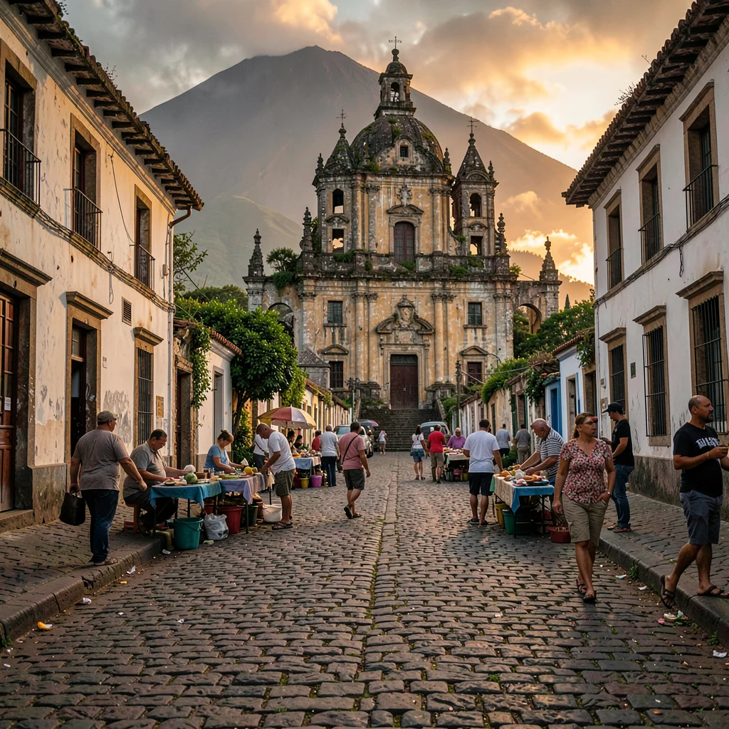 Volcano-framed colonial streets of Antigua Guatemala, Market vendors setting up 