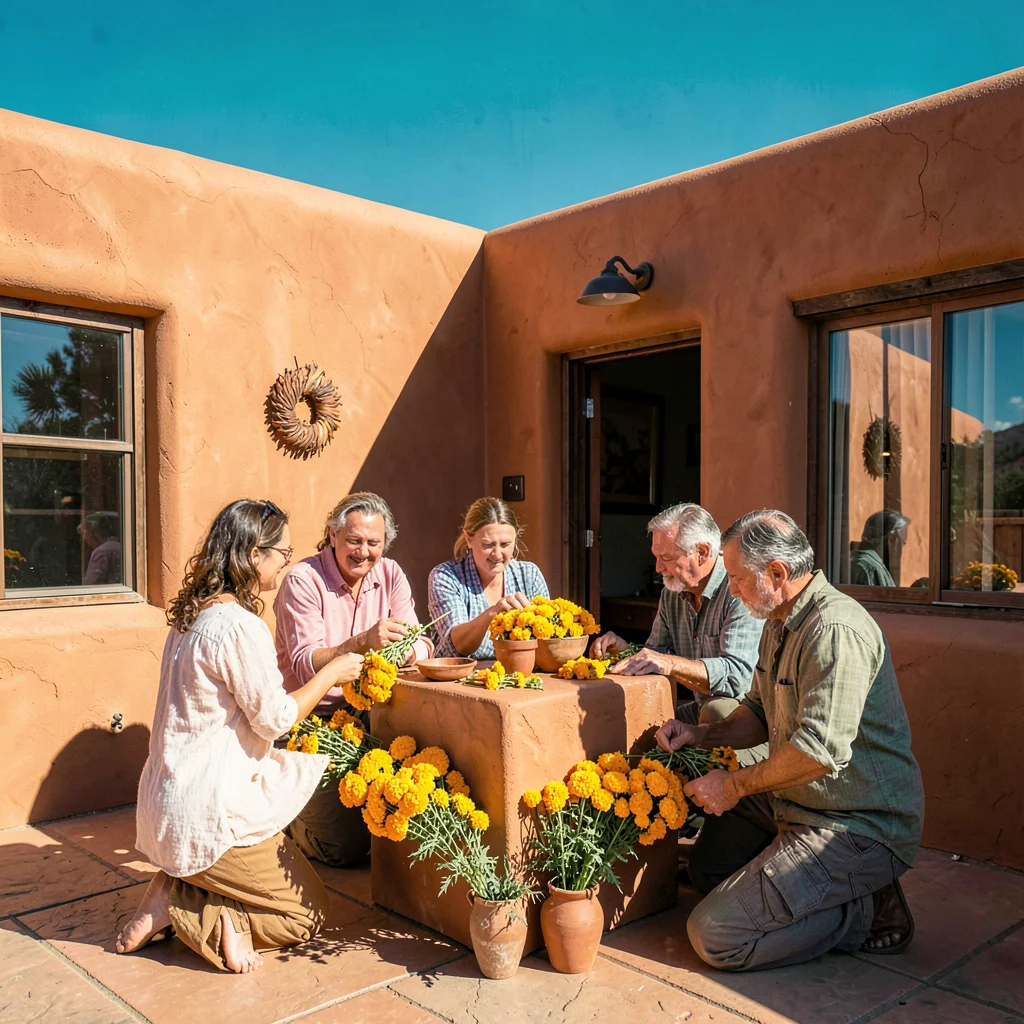 Santa Fe adobe warmth, high desert light clarity, Three generations arranging ma
