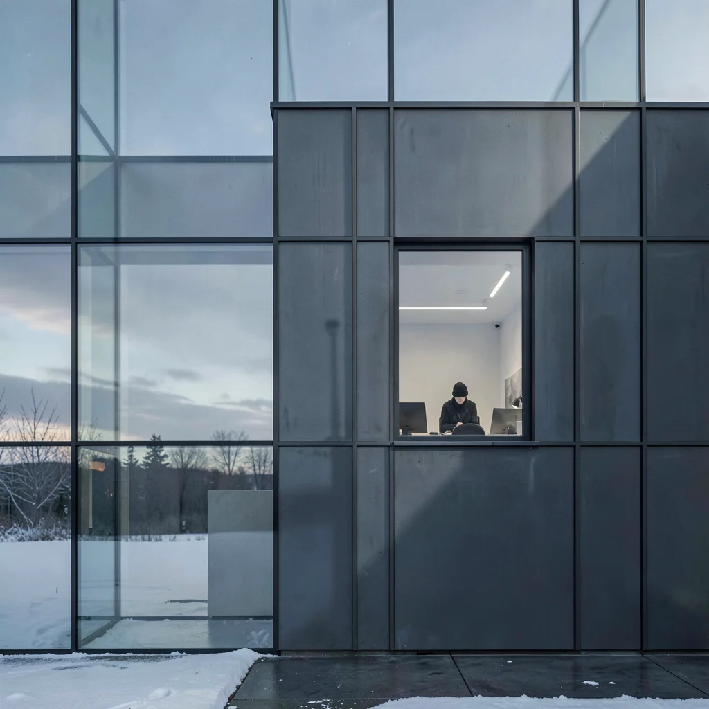 Stark Baltic minimalism, contemplative mood, Modernist glass and steel building 