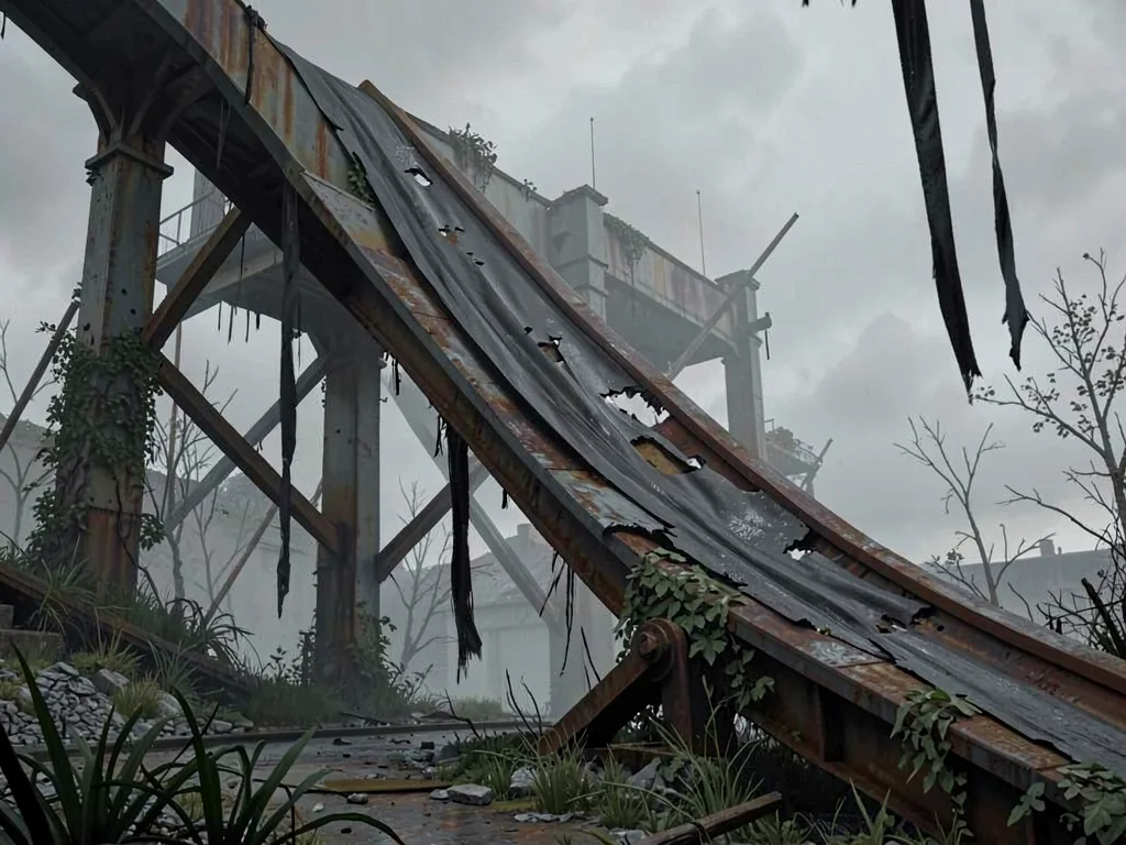 Conveyor belt running over a collapsed gantry with the belt itself shredded and 