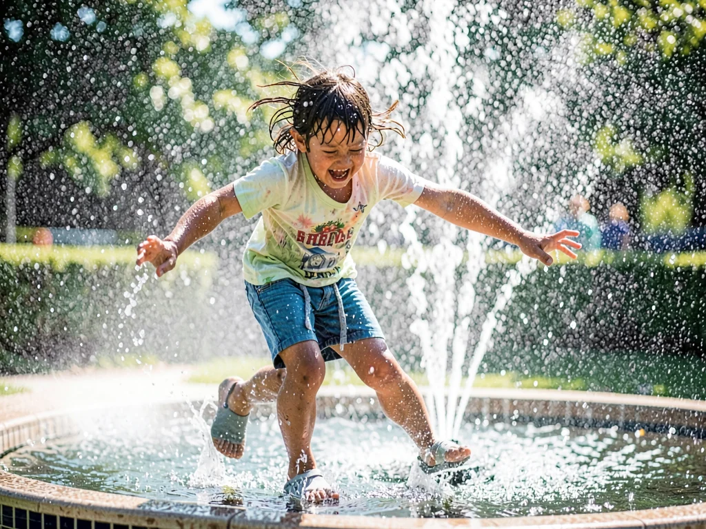 Child running through sprinkler, water and limbs and laughter all streaked toget