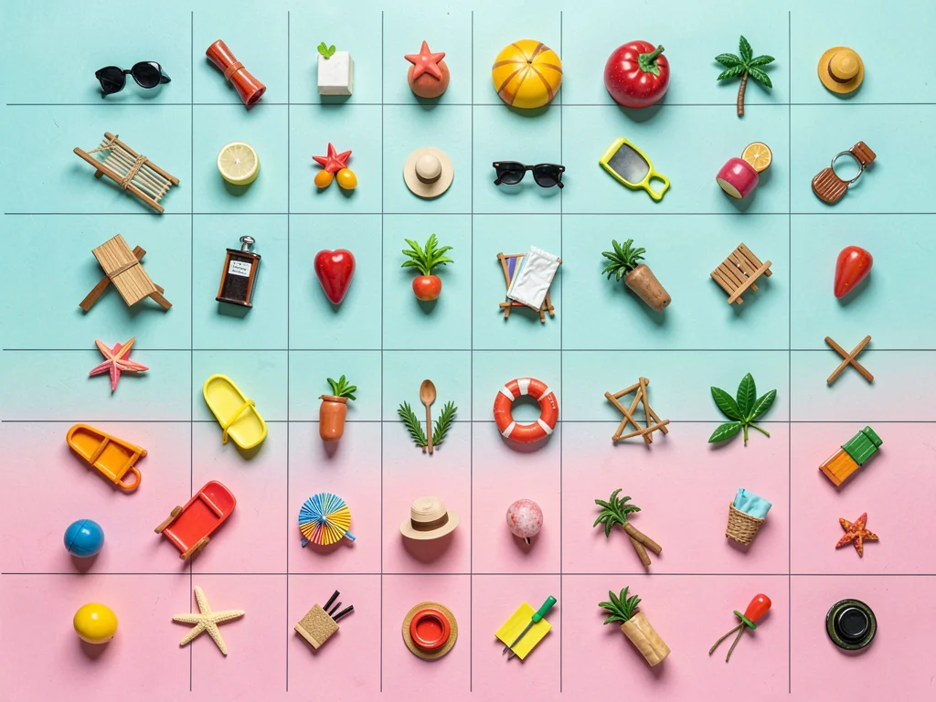 Dense flat-lay of thirty miniature summer leisure objects perfectly aligned on a