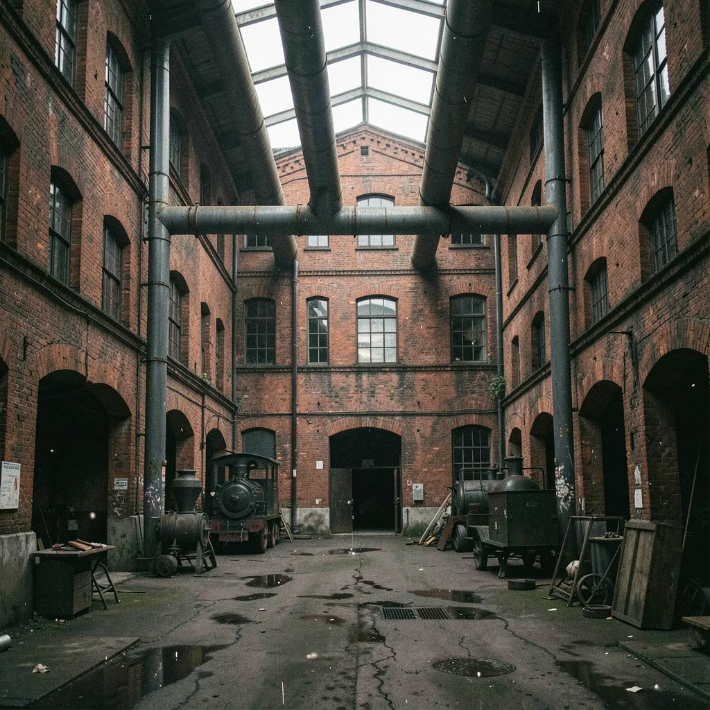Textile factory ghosts in industrial Łódź, factory courtyard with dormant steam 