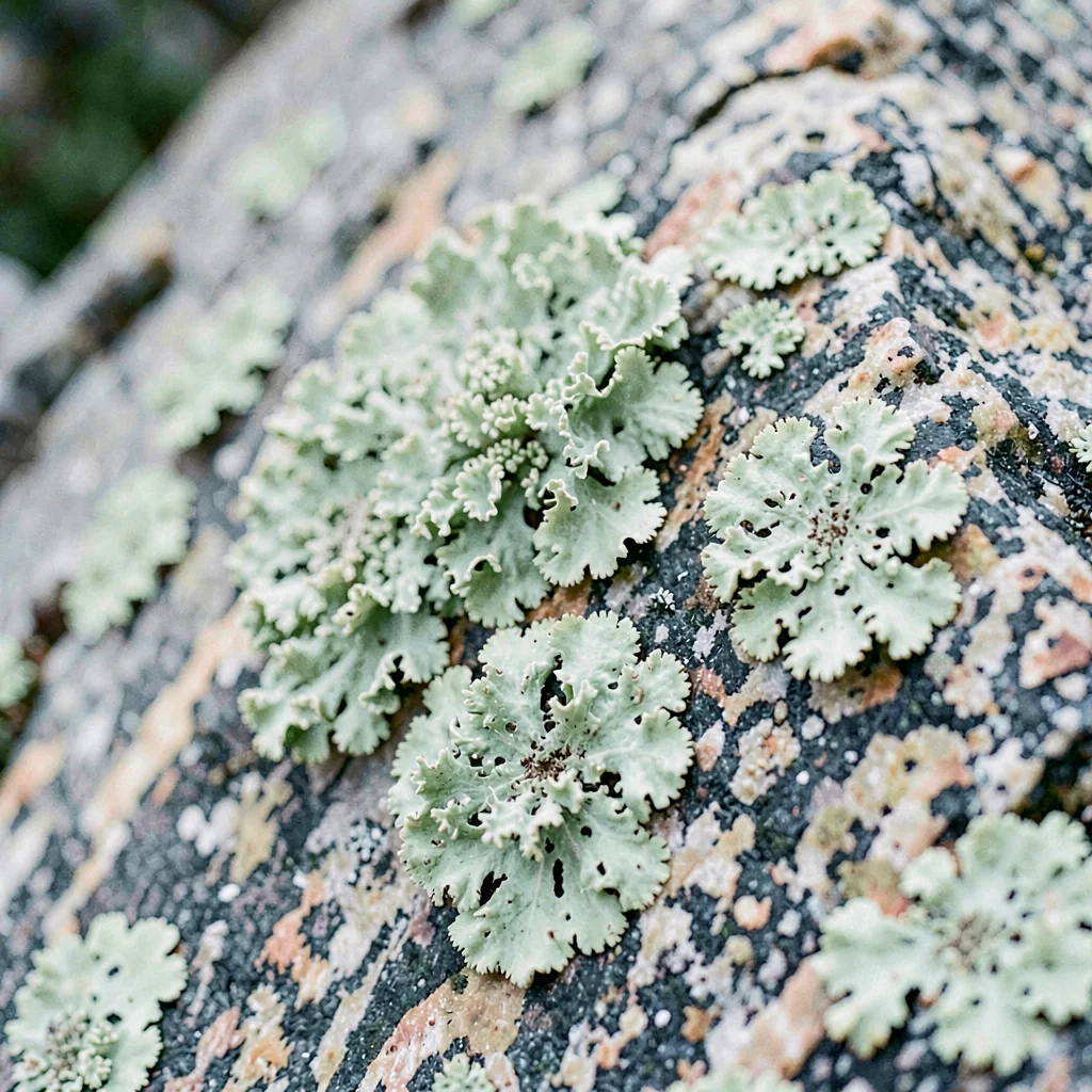 Cluster of pale green lichen patches spreading across a granite face, soft overc