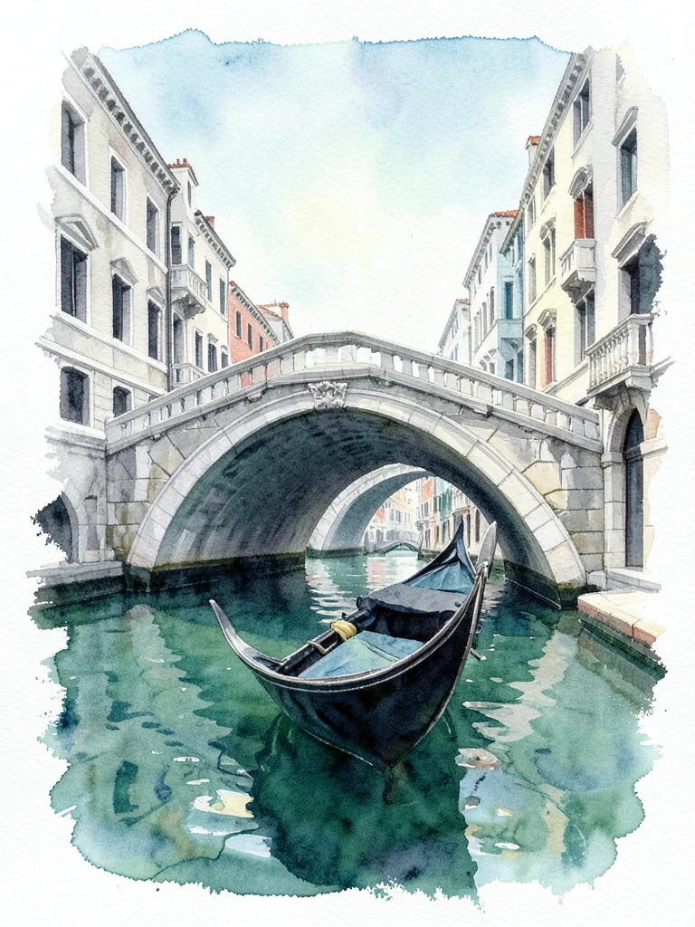 A Venice scene: Bridge of Sighs from a gondola, the stone arches in grey washes,