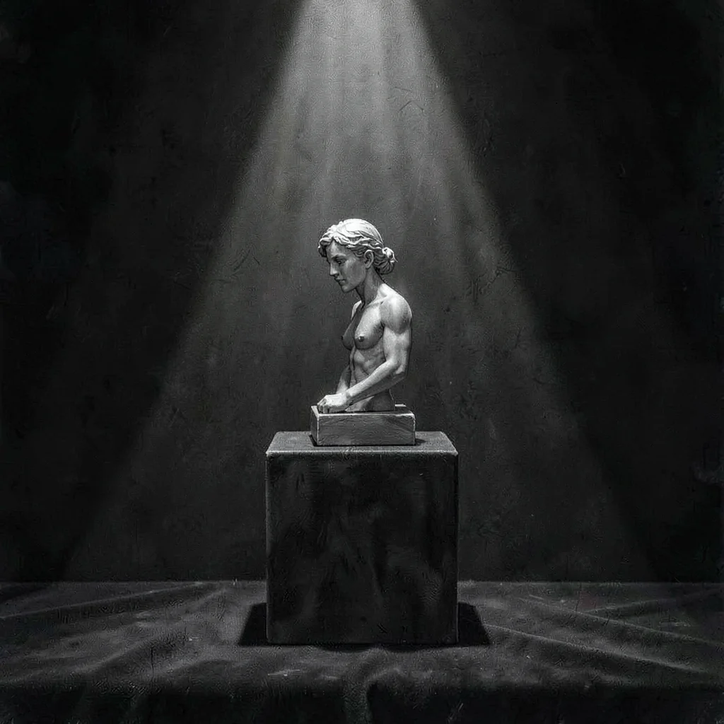 Charcoal narrative scene of a single sculpture on a plinth with a dramatic spotl