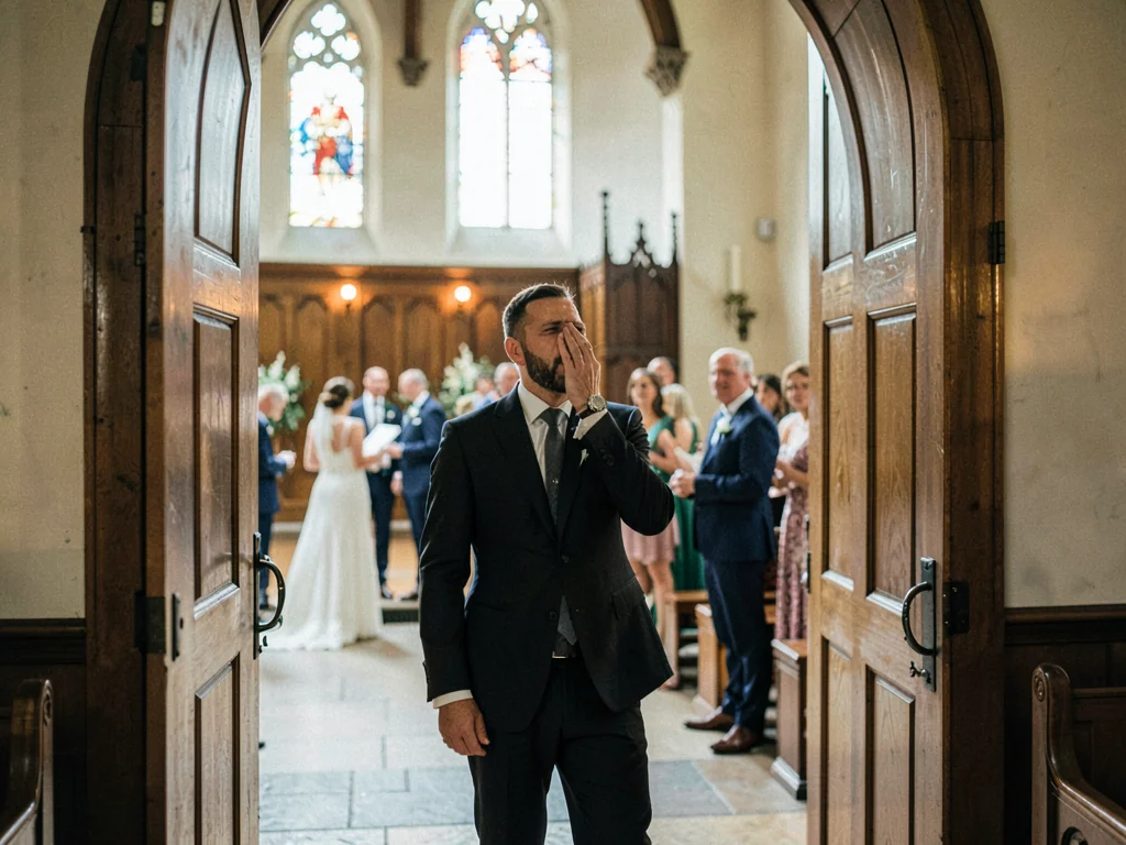 Wedding guest catching breath in church doorway, the ceremony visible beyond, th
