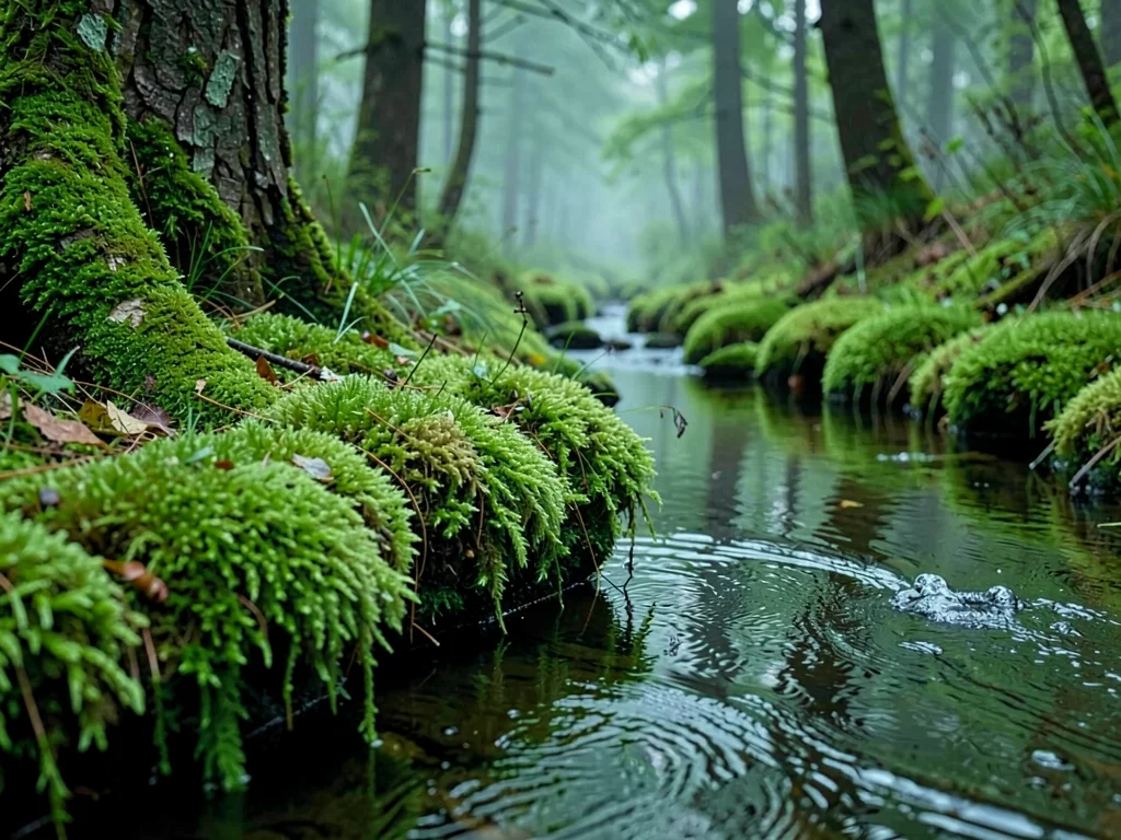 Stream bank moss trailing into water