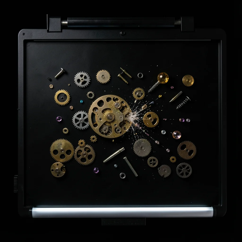 Watch parts arranged on scanner, tiny gears, springs, screws, and jewels from di