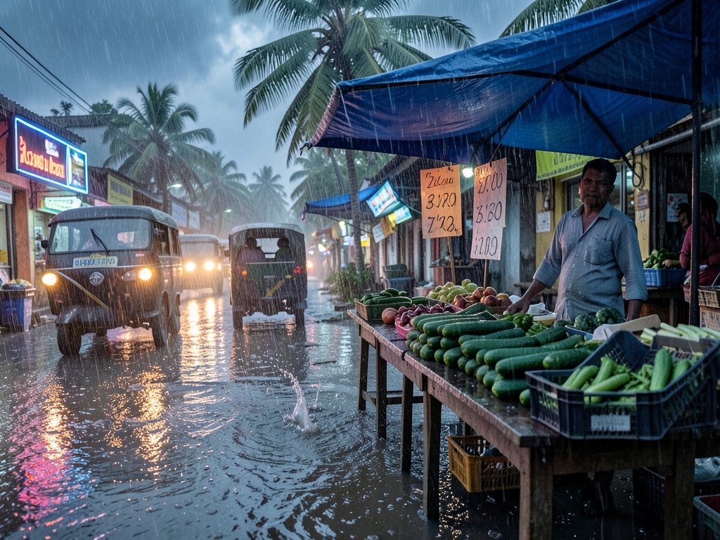 Indian monsoon photograph, heavy rain and flooded streets, dramatic storm light,. A roadside vegetable stall in a small 