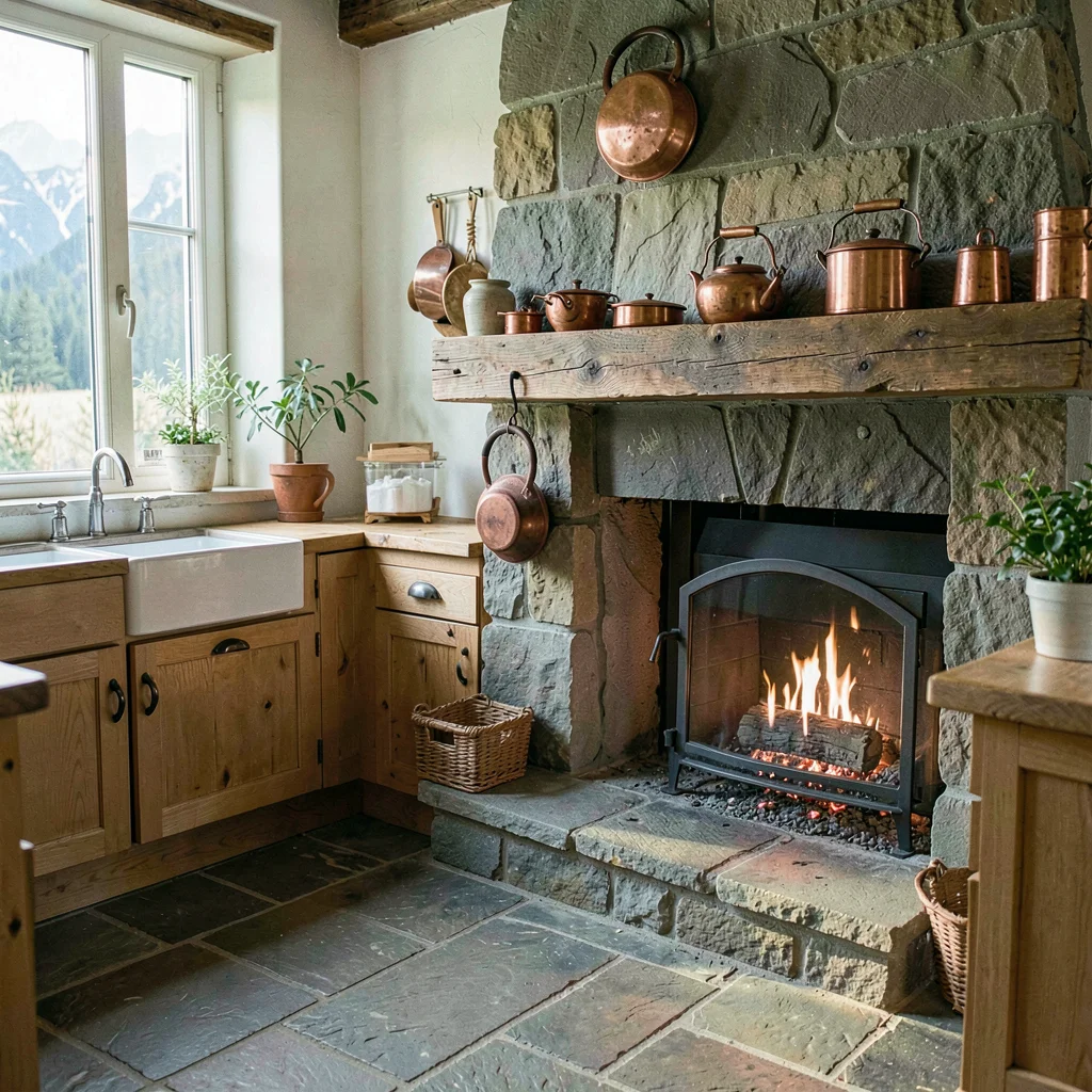 Fresh Alpine atmosphere, gentle pastoral quality, Stone fireplace in farmhouse k