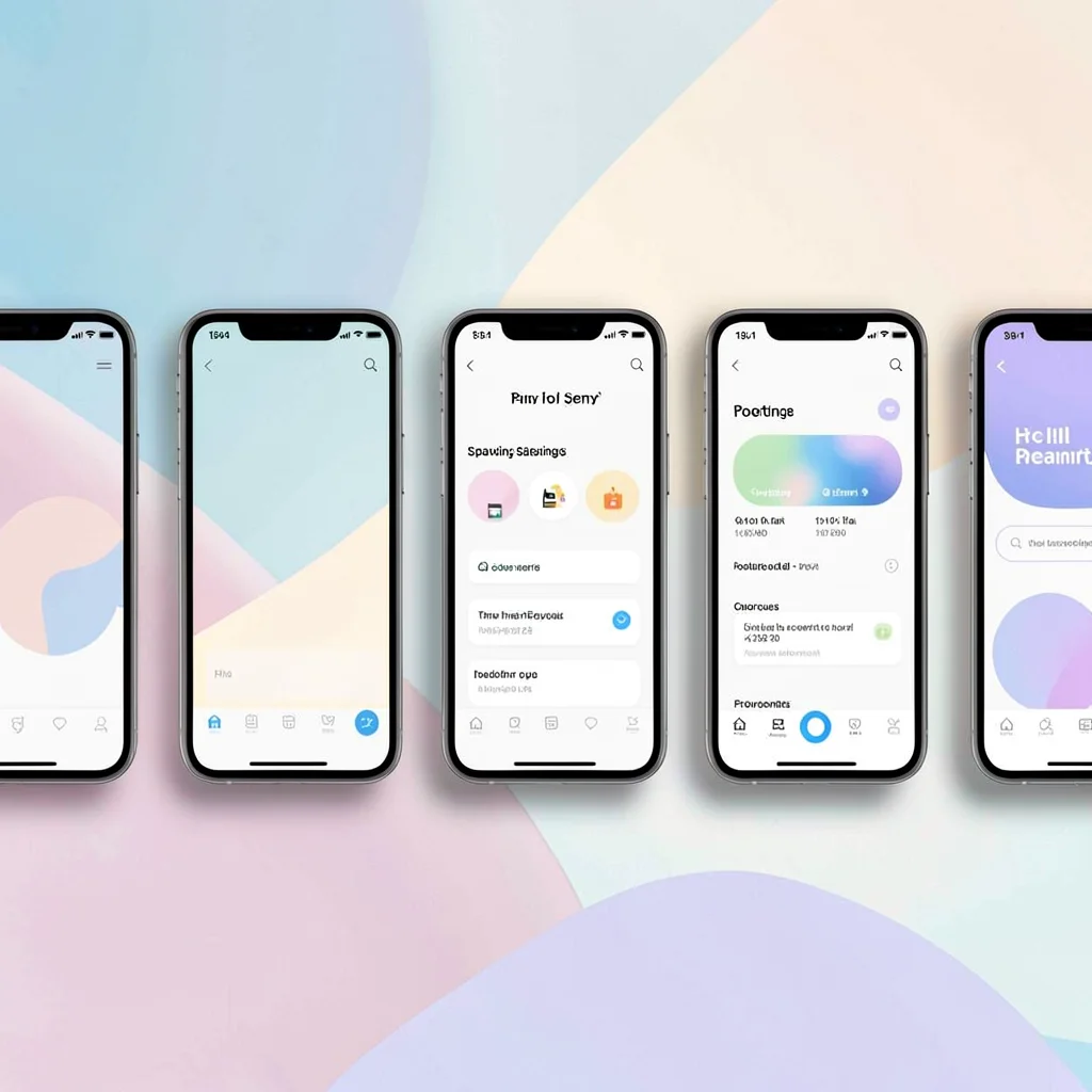 Screenshot grid feature strip of five phones in a horizontal row, each tilted sl