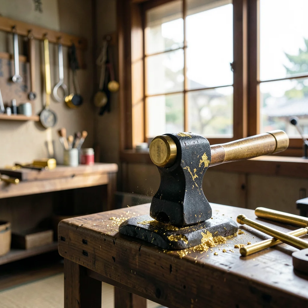 Kanazawa gold leaf craft, extreme delicacy, workshop interior with hammering sta