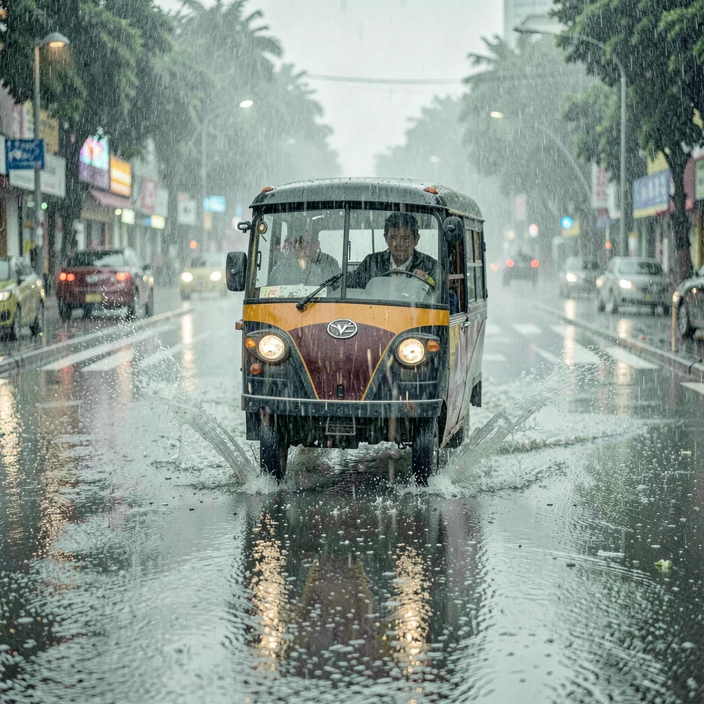 Monsoon season photograph, heavy rain atmosphere, An autorickshaw pushing throug