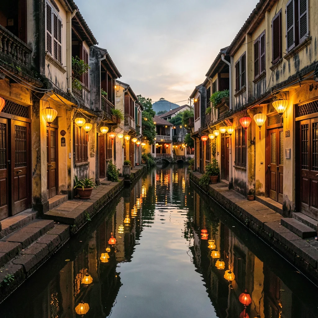 Hoi An lantern glow, silk amber on water, narrow alley lit only by paper lantern