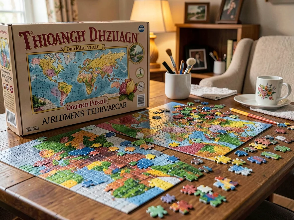 Thousand piece puzzle box, ambitious undertaking, spread across entire table sur