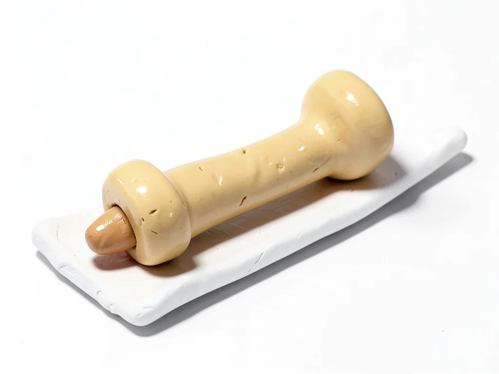 Skinny chunky clay drumstick in cream-tan with stubby tip and oversized squat ha