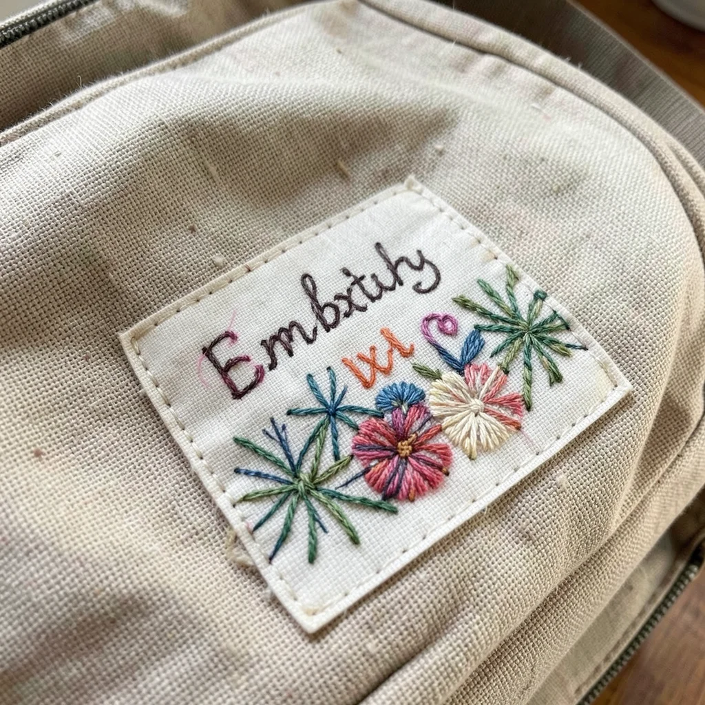 Embroidered name tag on school bag, colorful thread, handmade label