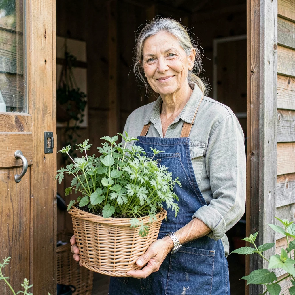 Available-light portrait of a kind-faced gardener cradling a basket of fresh her
