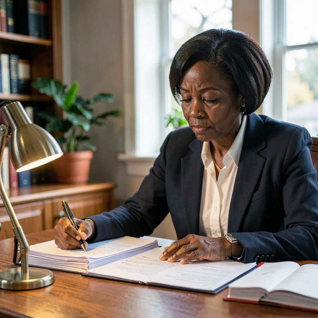 A determined Black grant officer in her forties annotating a stack of applicatio