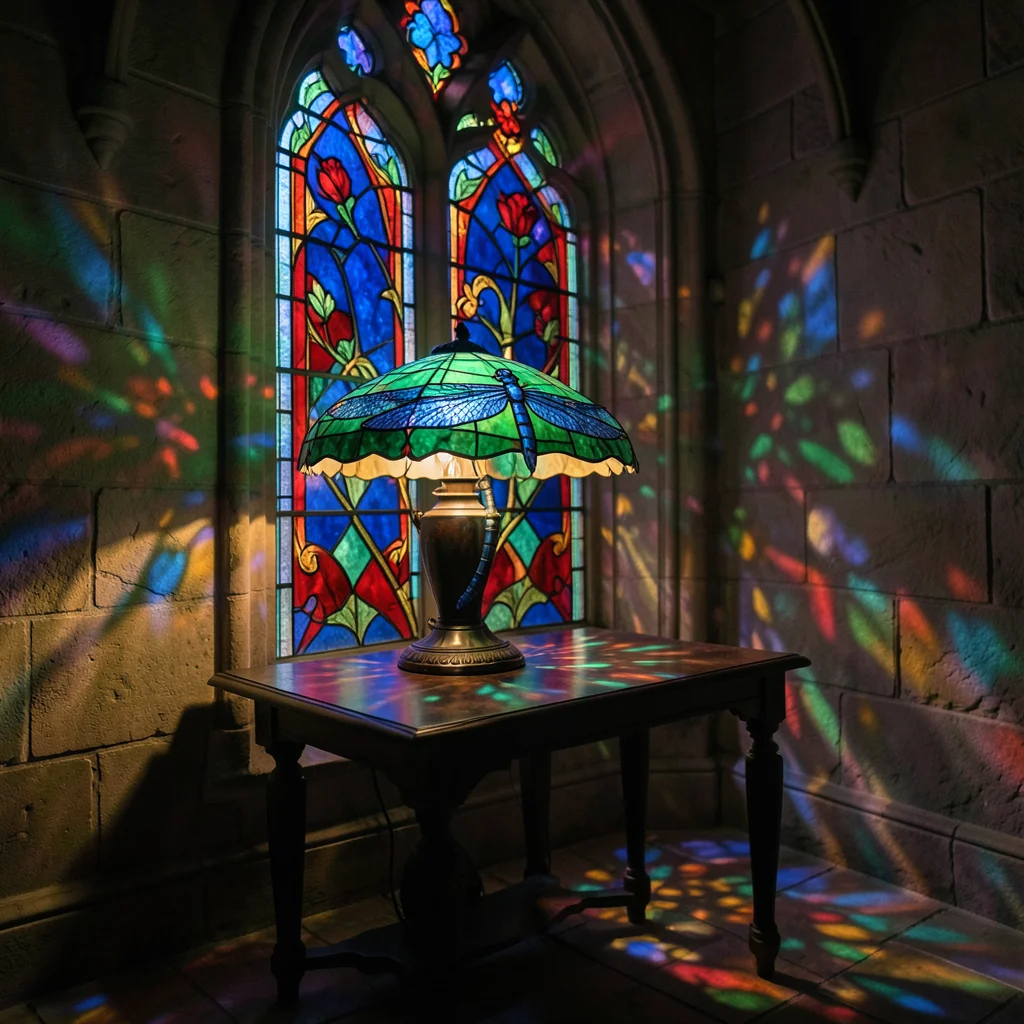A Tiffany lampshade lit from within, dragonfly design in emerald and sapphire, c