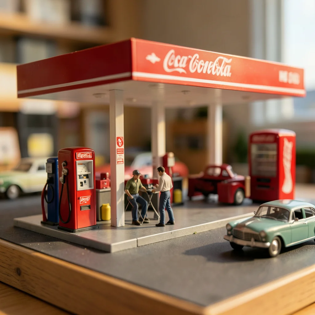 A 1:87 gas station scene: vintage pumps, a service bay, a tiny mechanic, classic