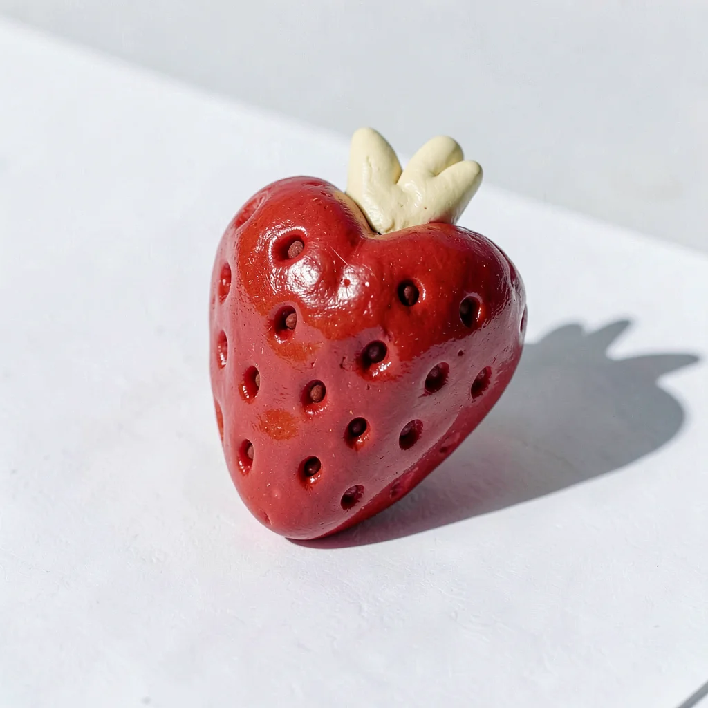 Glossy chunky clay sliced strawberry in cherry red with stubby cream-toned tip a