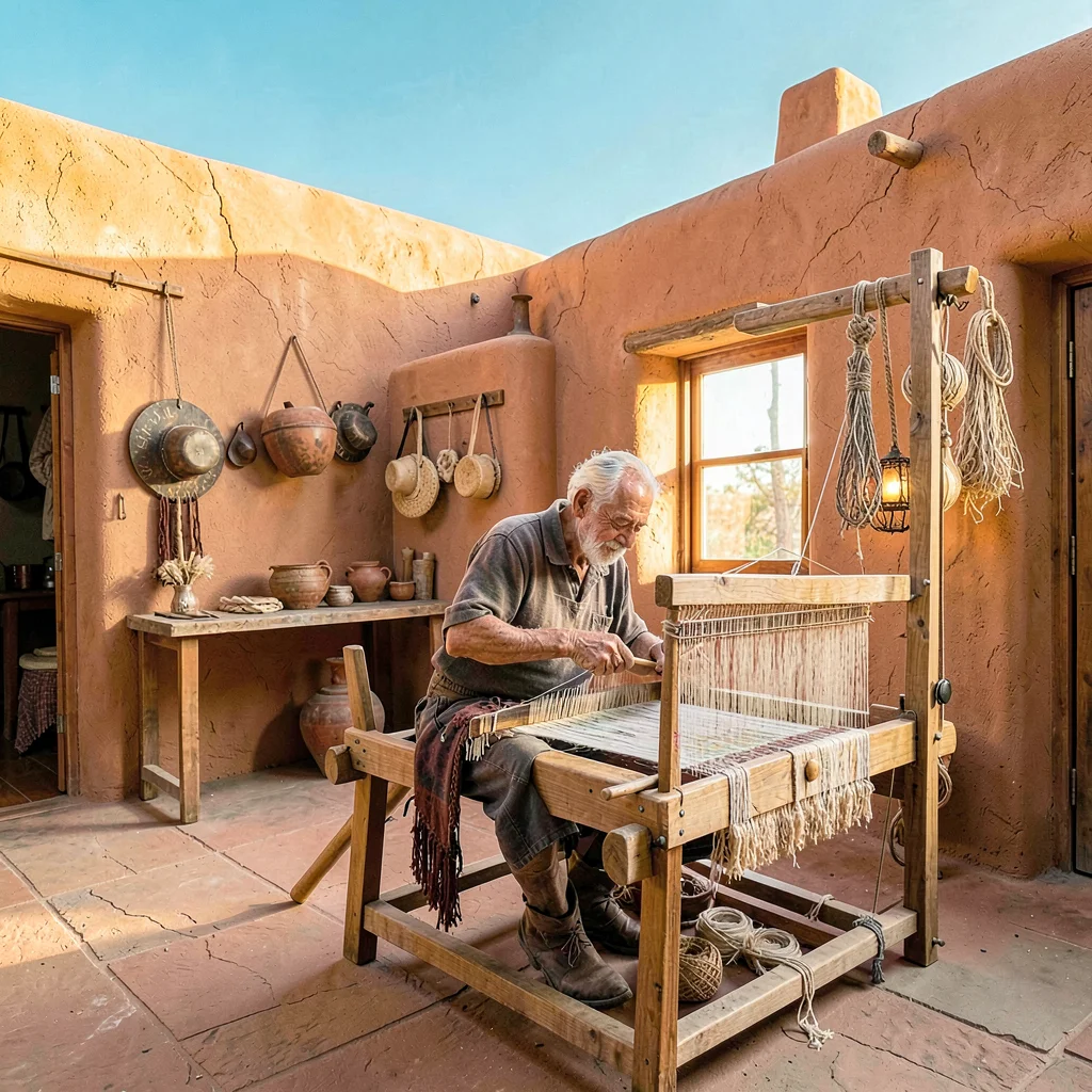 Santa Fe adobe warmth, high desert light clarity, Elderly man weaving on a tradi