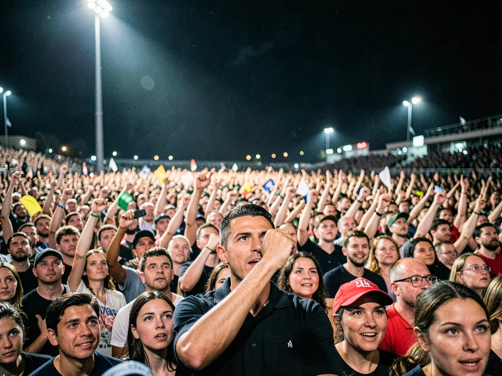 Night rally crowd seen from stage level — sea of faces in floodlight, one in sha