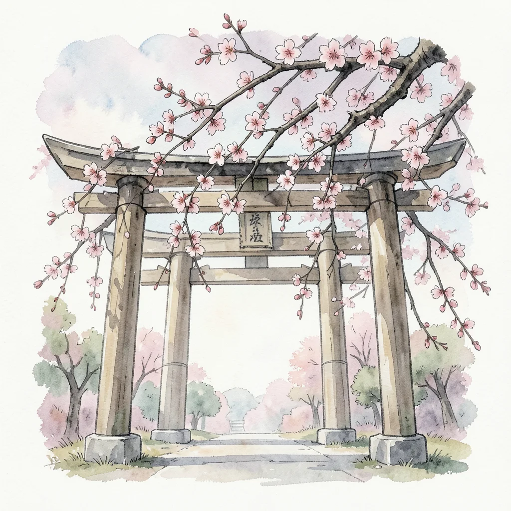 Cherry blossom branches hanging over a wooden torii gate, watercolor ink wash st