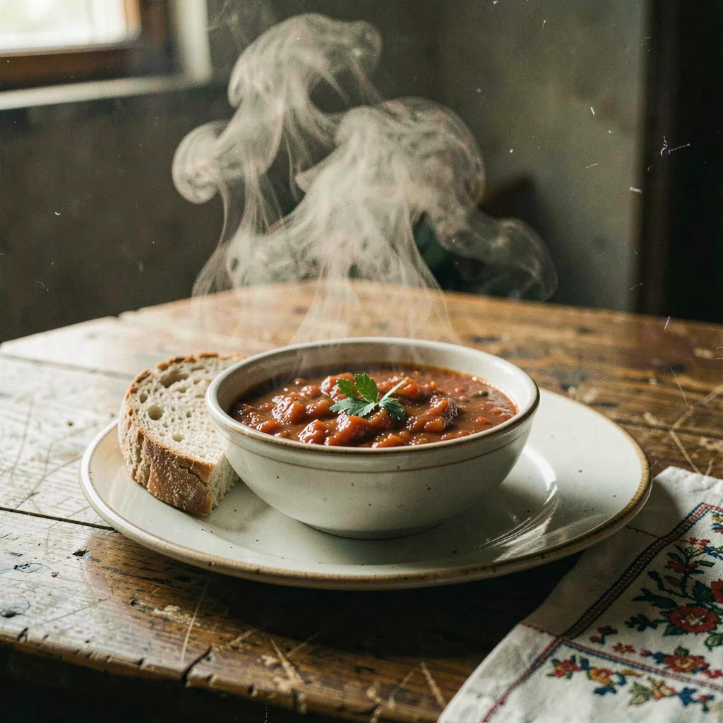 Humid atmospheric scene, Central European grandeur, Bowl of paprika-red goulash 