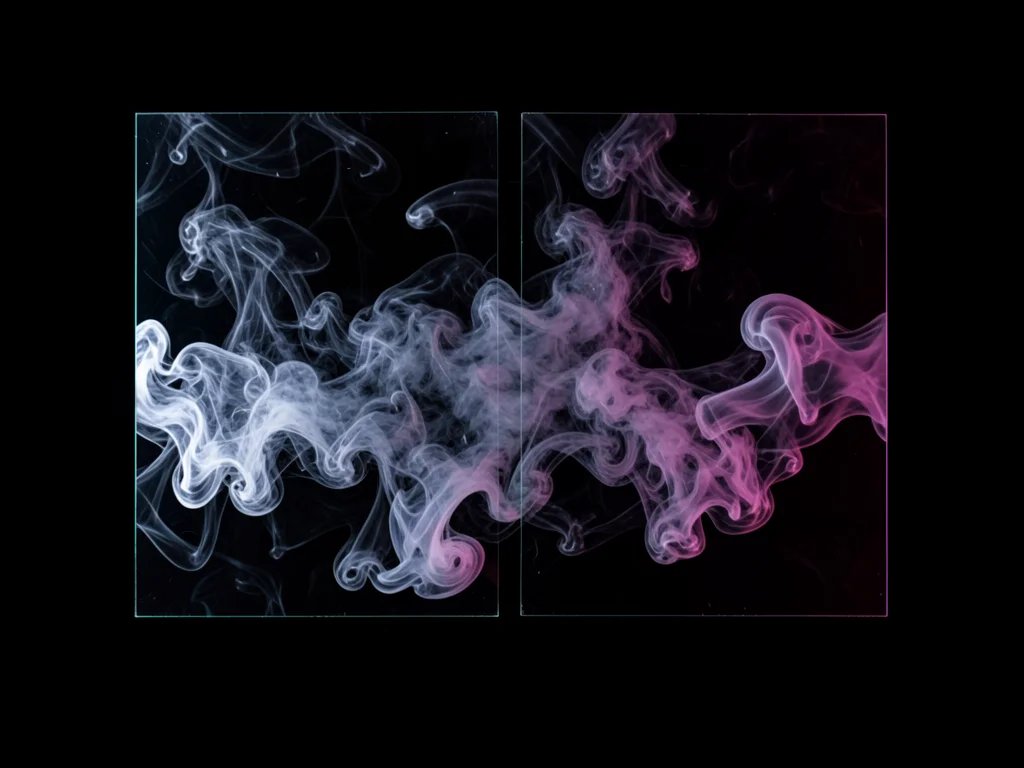 Smoke trapped between two sheets of glass, creating a flat layer of turbulent pa