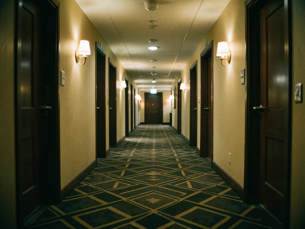 A hotel hallway with geometric carpet, repeating doors stretching to a vanishing