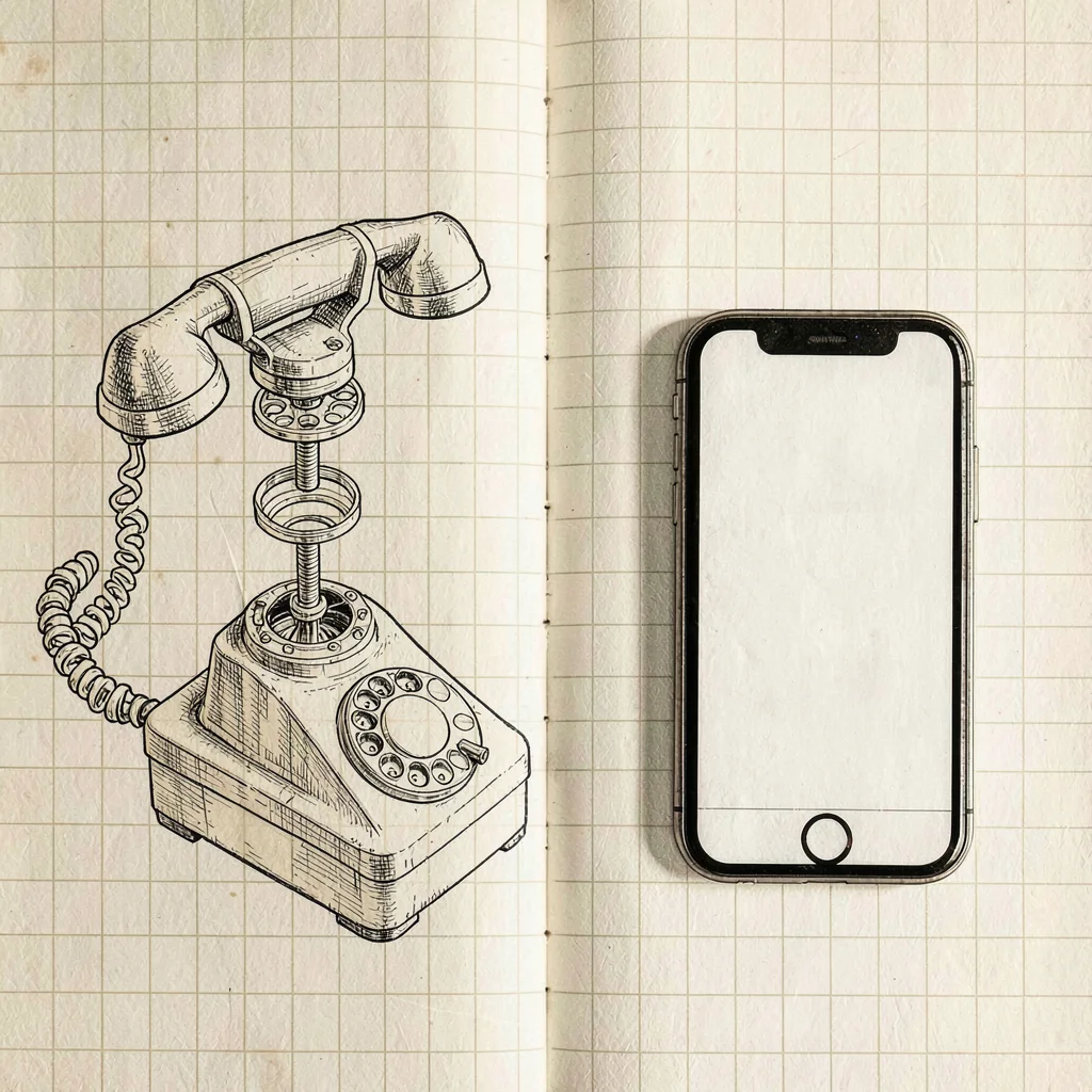 Technical illustration spread of an exploded view of a vintage rotary phone alon