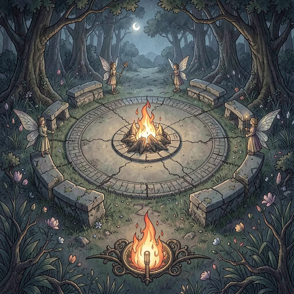A fae-realm midnight bonfire-glade map with circular dance ground, ancient stone