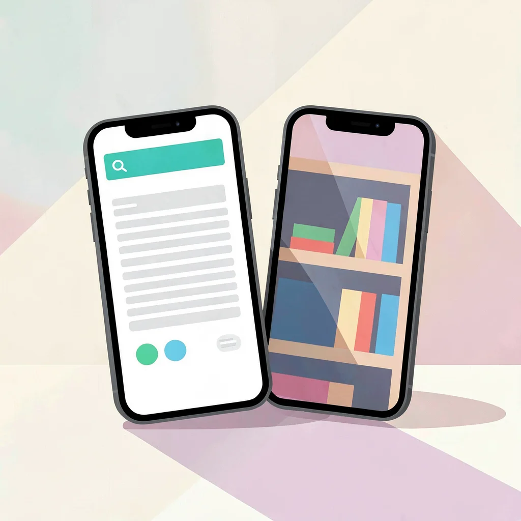 Flat UI hero of two phones leaning together, one showing a reader page, the othe