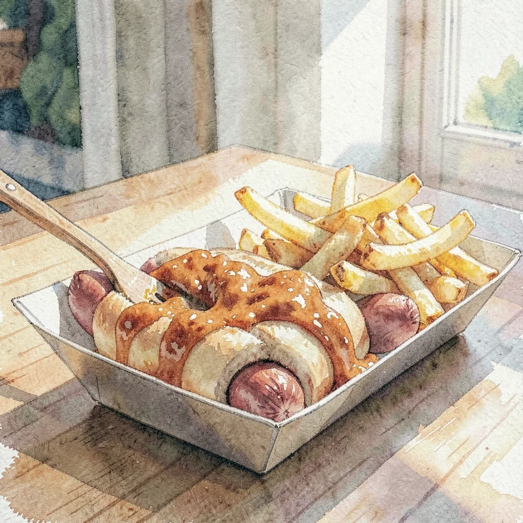 Currywurst on a paper tray with a wooden fork, glistening with curry sauce, a he