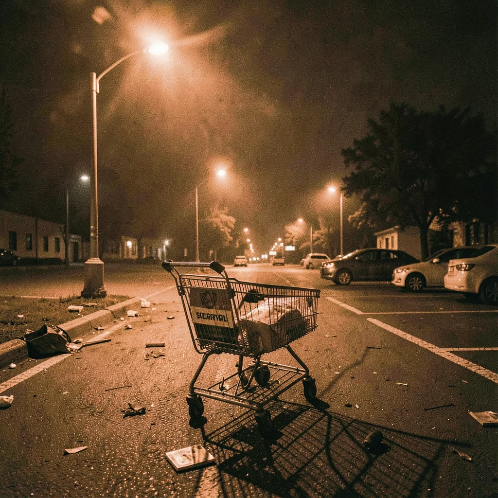 Shopping cart abandoned under sodium light, retail detritus, parking lot still l