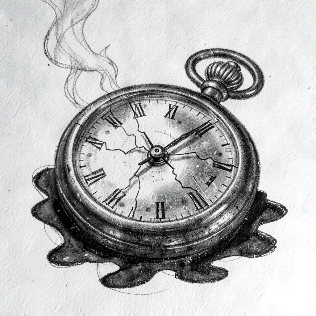 Charcoal puzzle-prop study of a tarnished pocket-watch with a cracked crystal, h