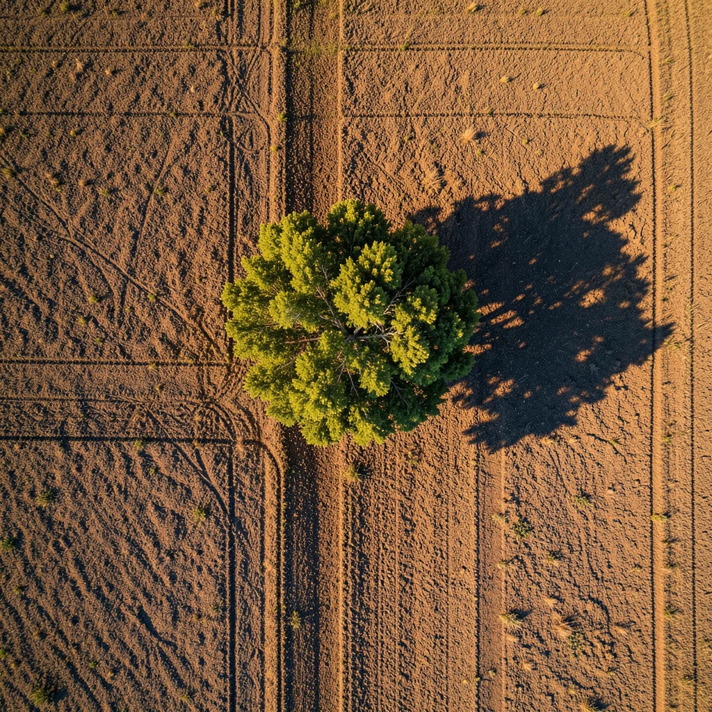A single tree in the center of a plowed field, its shadow stretching long in lat