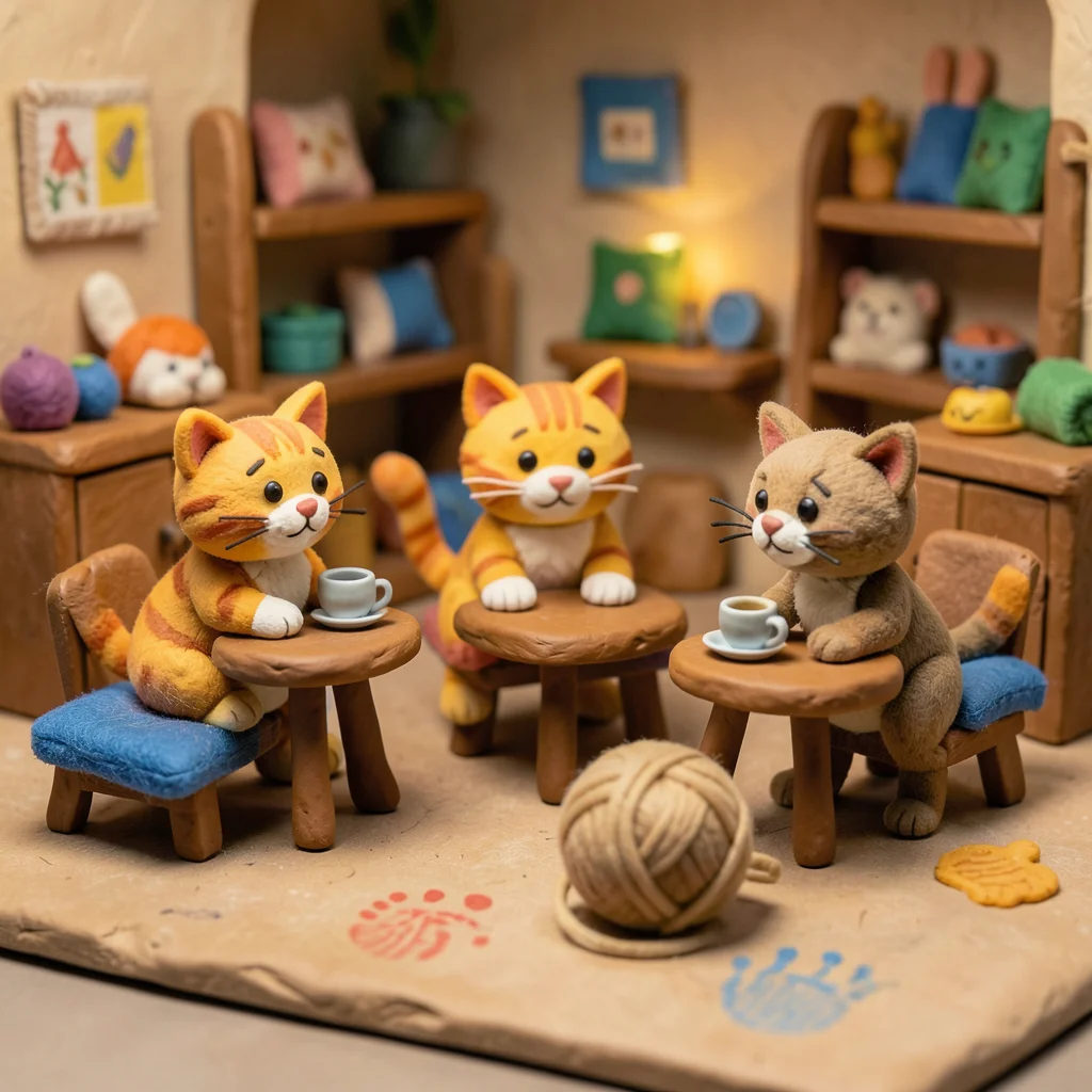 A clay cat café: three clay cats in different poses, tiny cups on tables, felt c