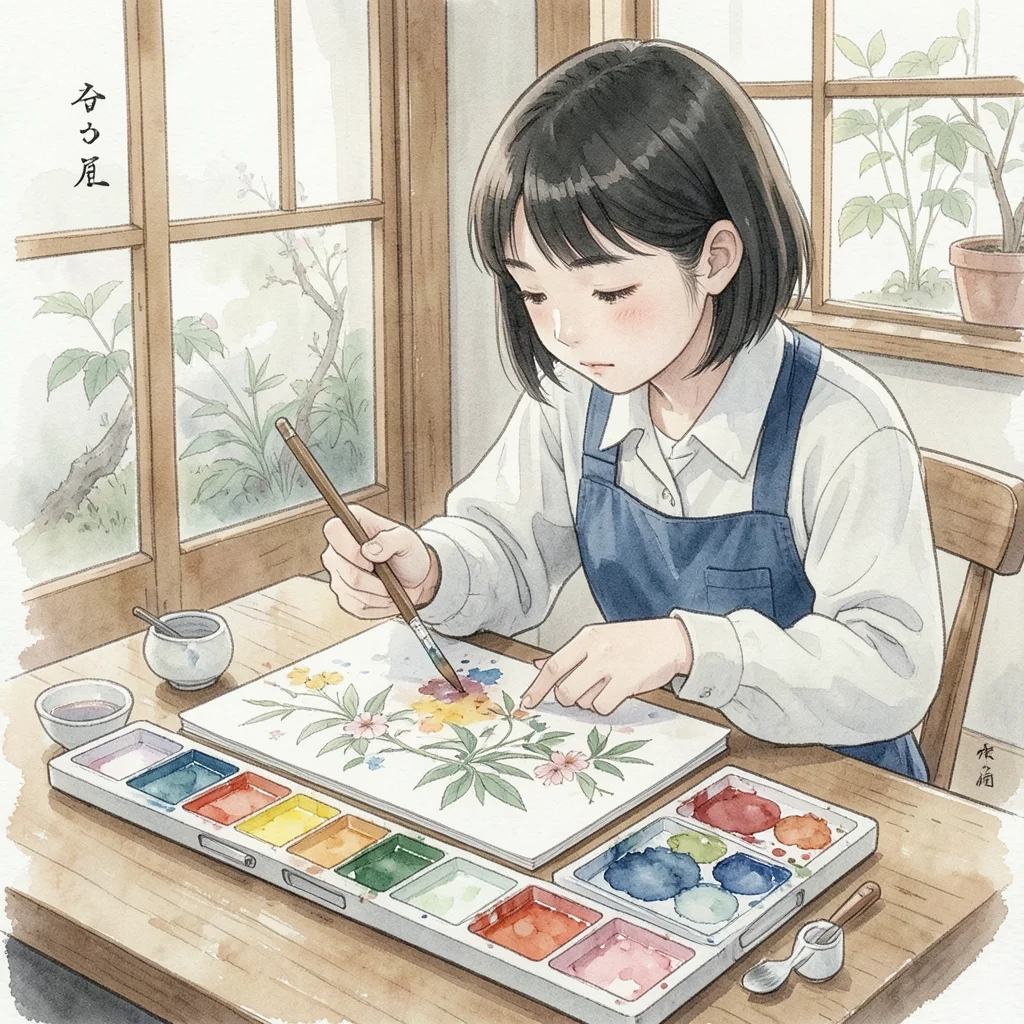 Student mixing watercolors on a palette, half-finished botanical painting on the