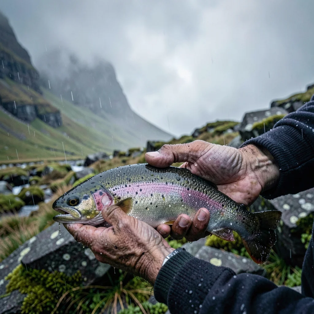 Highland atmospheric mist, Skye grey-green-purple, Crofter hands holding fresh c