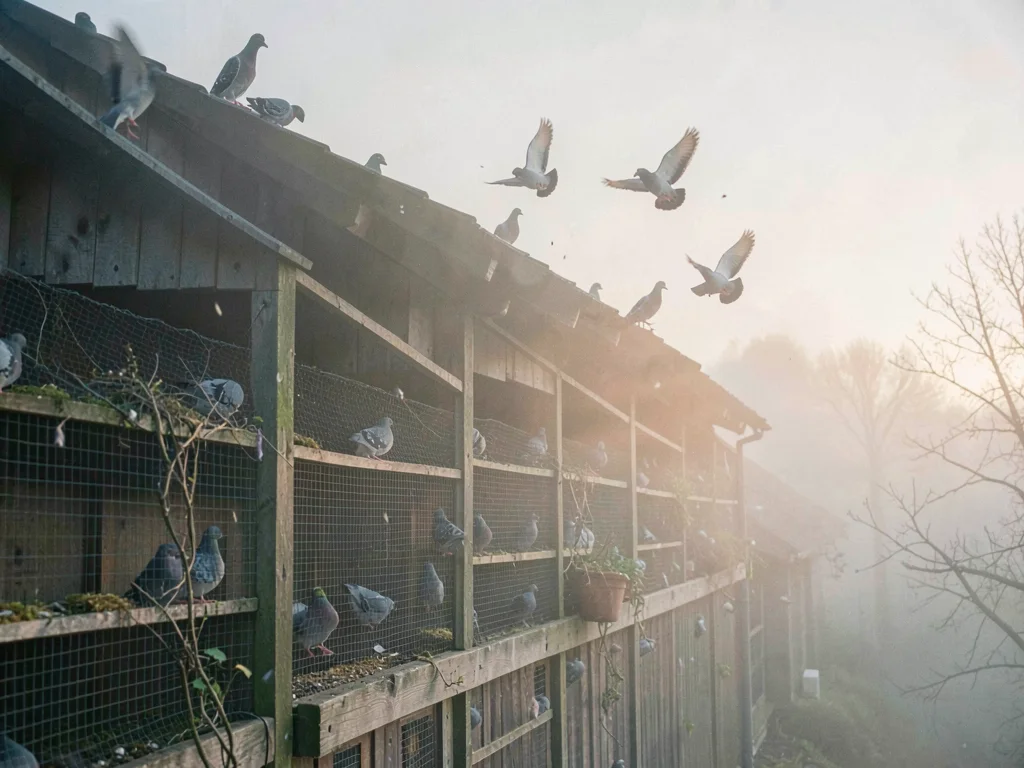 Foggy dawn wraps a rooftop pigeon coop in soft pale grey mist while pigeon-flutt